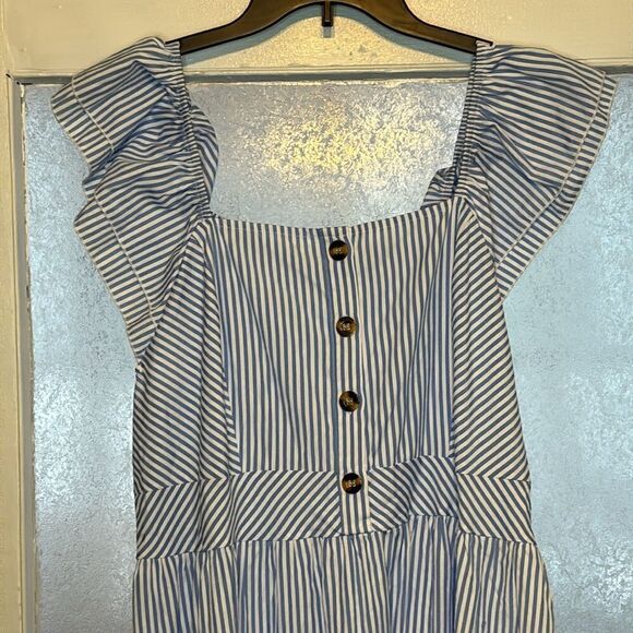 Women’s Blue and White Striped Midi Sundress Ruffled Shoulder Size 2XL - Picture 3 of 7